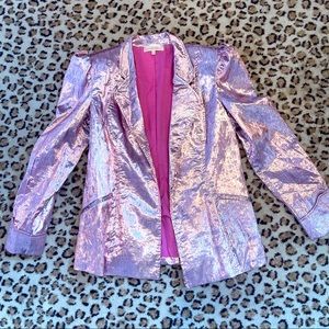 LOVESHACKFANCY PINK METALLIC PUFF SLEEVE BLAZER